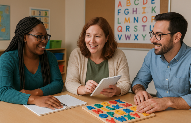 teachers sitting at a table planning literacy work