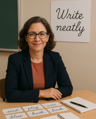 A confident educator, seated at a table with instructional literacy materials ready for students.